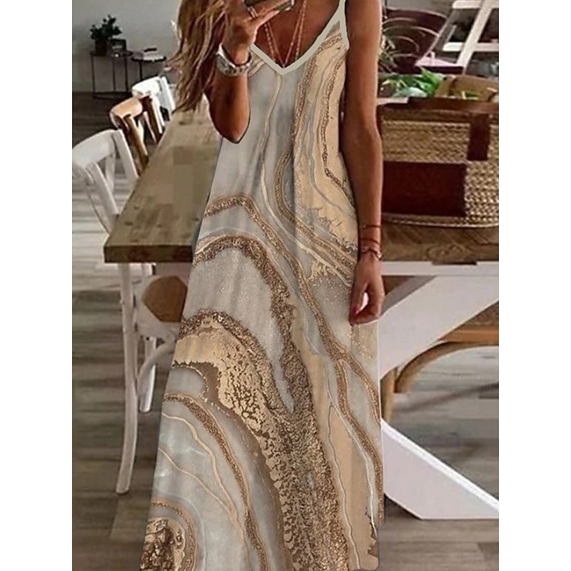 Women's Maxi Dress Casual Dress Sundress Floral Dress Basic Classic Casual Vacation Casual Daily Regular Fit Print Marble Sleeveless V Neck Khaki Light Blue Summer Spring4