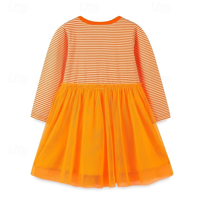 Girls' 3D Pumpkin Striped Dress Long Sleeve Spring Fall Vacation Daily Holiday Princess Beautiful Sweet Little Kids(4-7ys) 4-7 Years Casual Dress A Line Dress Knee-length Regular Fit2