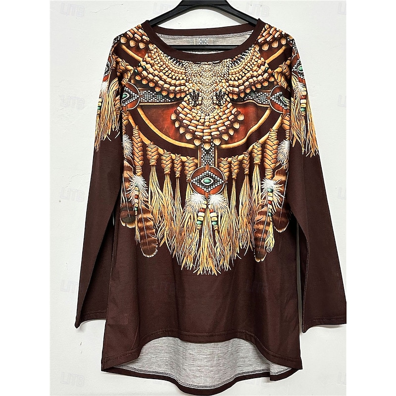 Women's T Shirt Vintage Ethnic Print Long Sleeve Regular Tops Crew Neck Vacation Brown Spring Fall 5