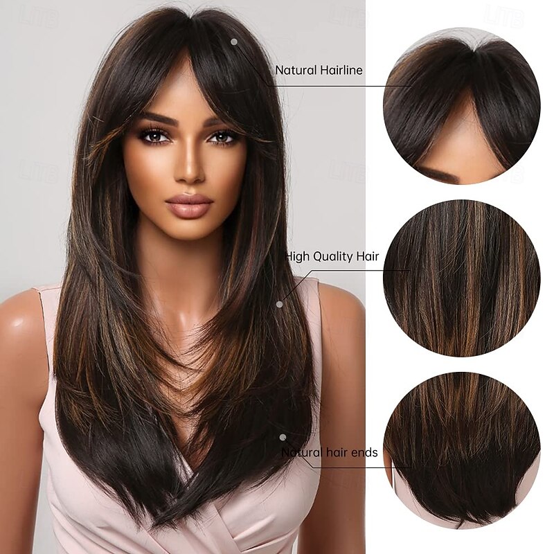 Wigs for Women Highlight Wig with Bangs Layered Long Straight Natural Hair Synthetic Wig2