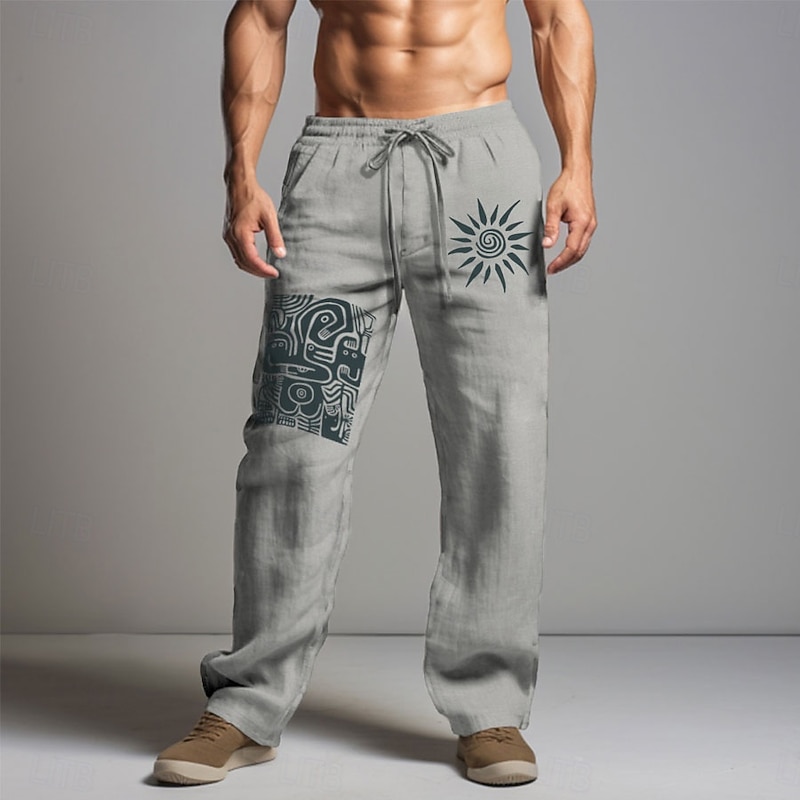 Men's Graphic Sun Tribal Pants Trousers Mid Waist Vintage Vacation Daily Wear Going out Spring Fall Black White Khaki4