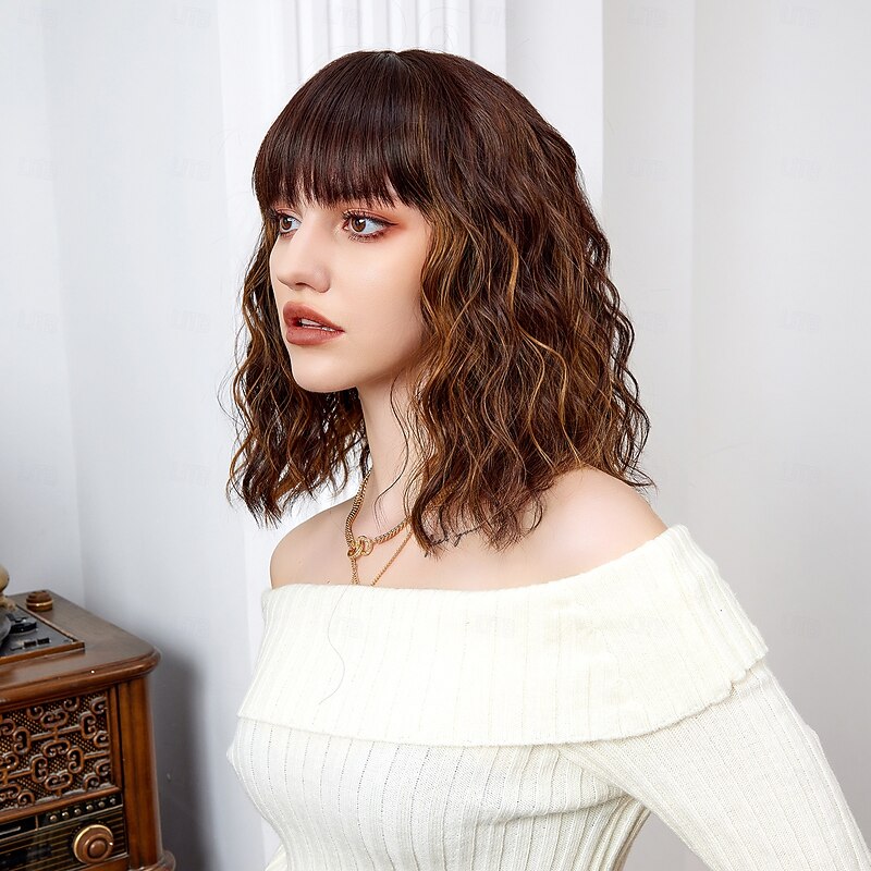 Cosplay Costume Wig Curly Bouncy Curl Bob Neat Bang With Bangs Wig 14 inch Black / Brown Synthetic Hair Women's Elastic Adorable Comfortable Black4