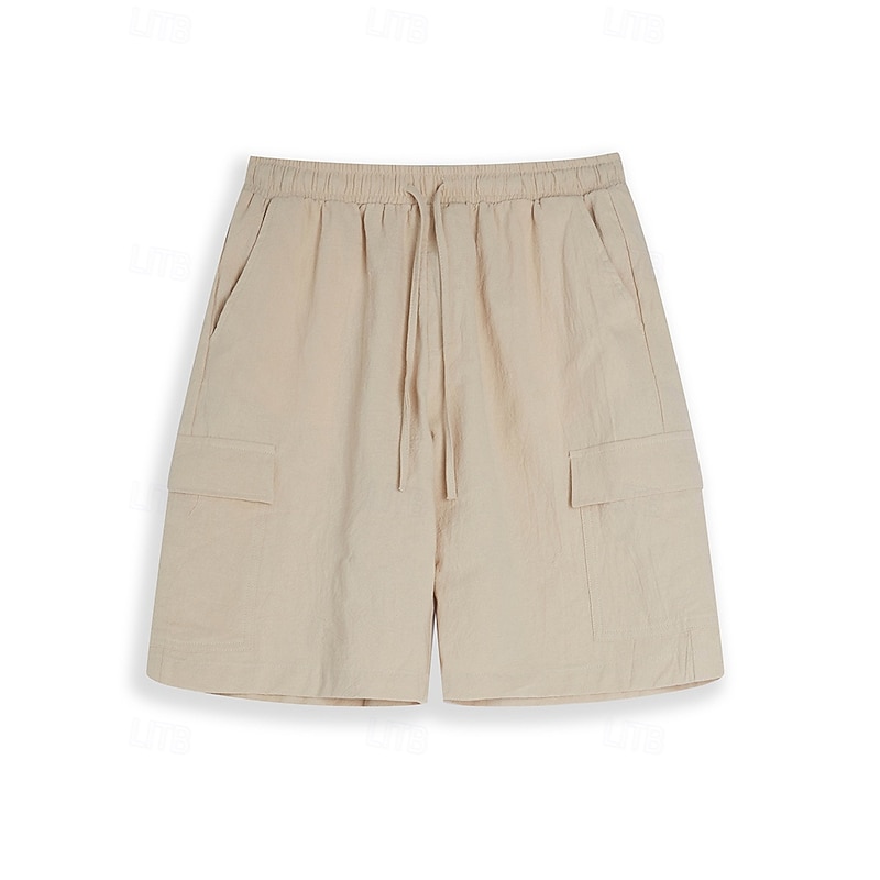 Men's Shorts Linen Shorts Summer Shorts Beach Shorts Drawstring Elastic Waist Multi Pocket Plain Knee Length Outdoor Beach Hawaiian Casual ArmyGreen Black Inelastic4