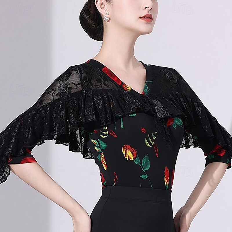 Latin Dance Top Lace Printing Pure Color Women's Performance Training Half Sleeve High Polyester4