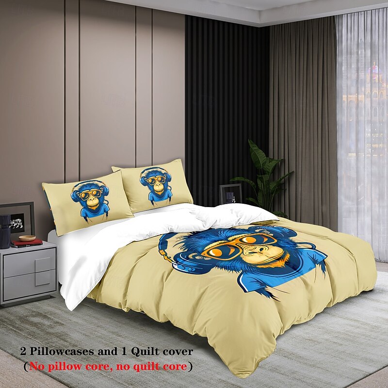 Cool Earphones Monkey Printed 3-Piece Down Duvet Set Hotel Bedroom Room Luxury Bedding Comfortable Set 1 Down Duvet Set 2 Pillowcase Queen Bed Set 2 Piece Set 3 Piece Set Intimate Grinding Soft Short3
