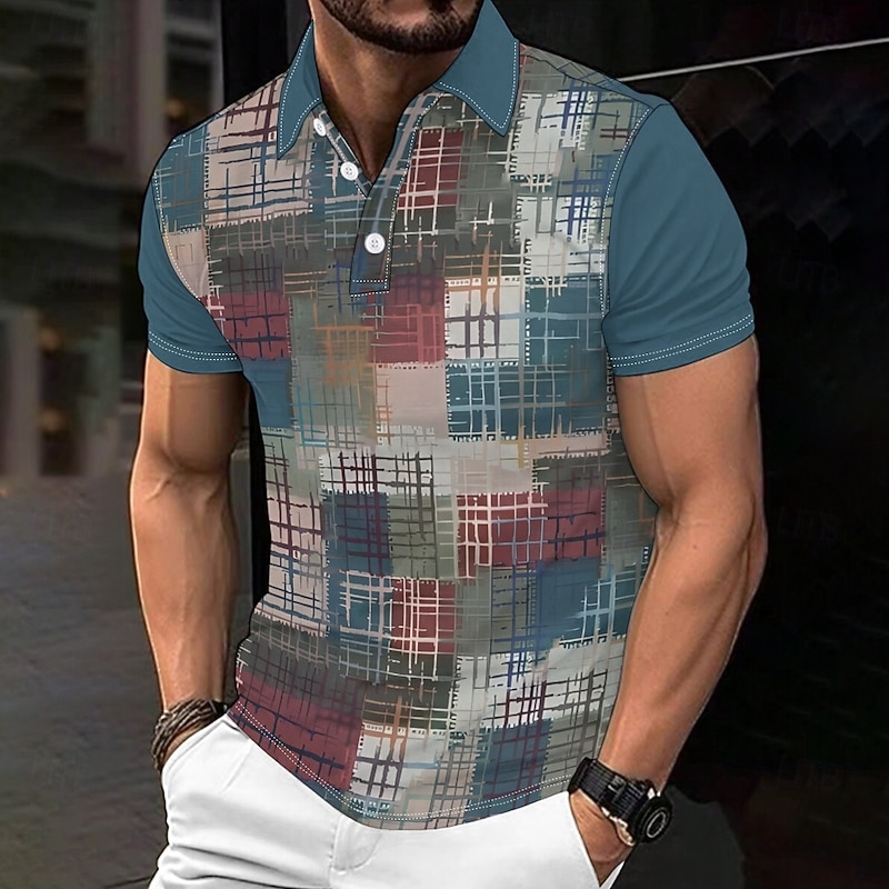 Men's Geometric Polo Shirts Short Sleeve Polo Shirts Collar Vintage Casual Holiday Daily Wear Buttons 3D Print Spring & Summer Brown