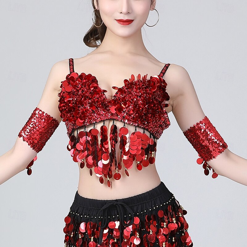 Belly Dance Bra Tassel Pure Color Splicing Women's Performance Training Sleeveless High Polyester