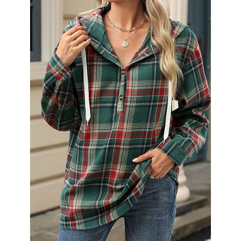Women's Hoodie Sweatshirt Casual Textured Geometric Plaid Hooded Loose Fit Long Sleeve Dark Green Spring Fall Winter2