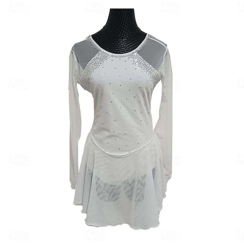Figure Skating Dress Women's Girls' Ice Skating Dress White Patchwork Thumbhole Stretchy Training Practice Professional Skating Wear Crystal / Rhinestone Long Sleeve Ice Skating Figure Skating