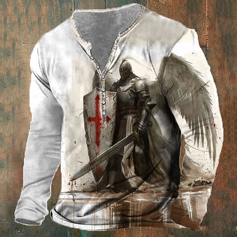 Men's Halloween Knights Templar Christian T Shirt Henley Shirt Long Sleeve 3D Print Designer Retro Vintage Street Casual Daily Summer Spring Fall White Khaki Henley Henley T-Shirt2