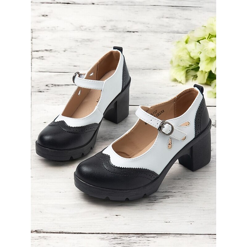 Women's Vintage Black and White Mary Jane Chunky Heel Shoes - Retro Brogue Style for Office and Casual Wear
