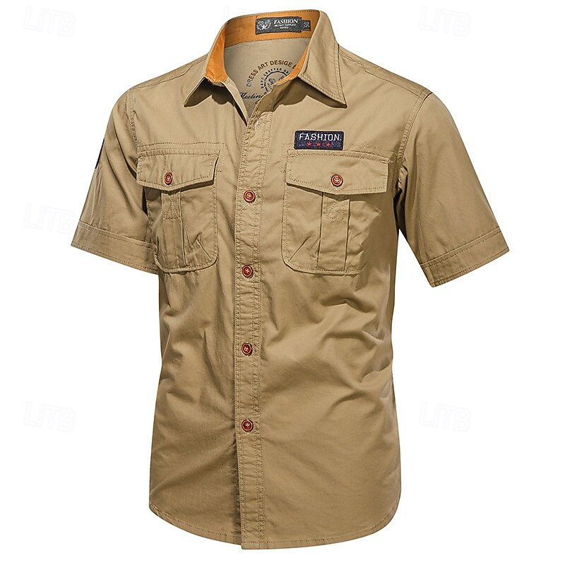 Men's Shirt Workwear Shirts Casual Shirt Work Shirt Button Up Shirt Cargo Shirt khaki Army Green Dark Blue Short Sleeve Plain Lapel Vacation Hawaiian Front Pocket Clothing Apparel 100% Cotton Fashion