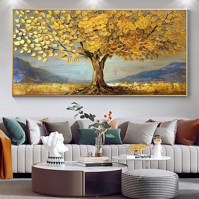 Mintura Handmade 3D Golden Tower Tree Landscape Oil Paintings On Canvas Wall Art Decoration Modern Abstract Picture For Home Decor Rolled Frameless Unstretched Painting - Main Image