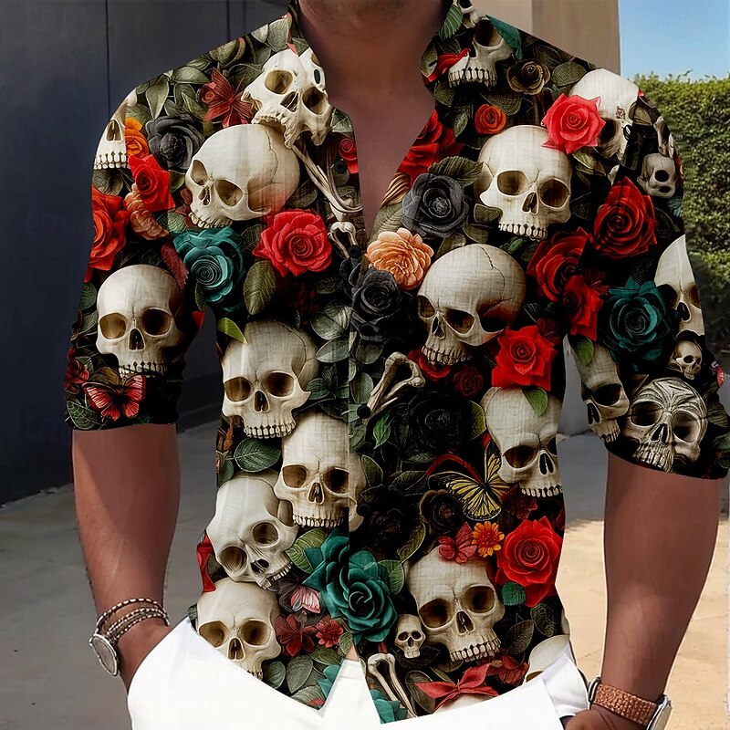 Men's Skull Halloween Costumes Day of the Dead Button Up Shirt Long Sleeve Horror Vacation Party Evening Wear Daily Summer Spring &  Fall Grandad Collar Band Collar 3D Print Red