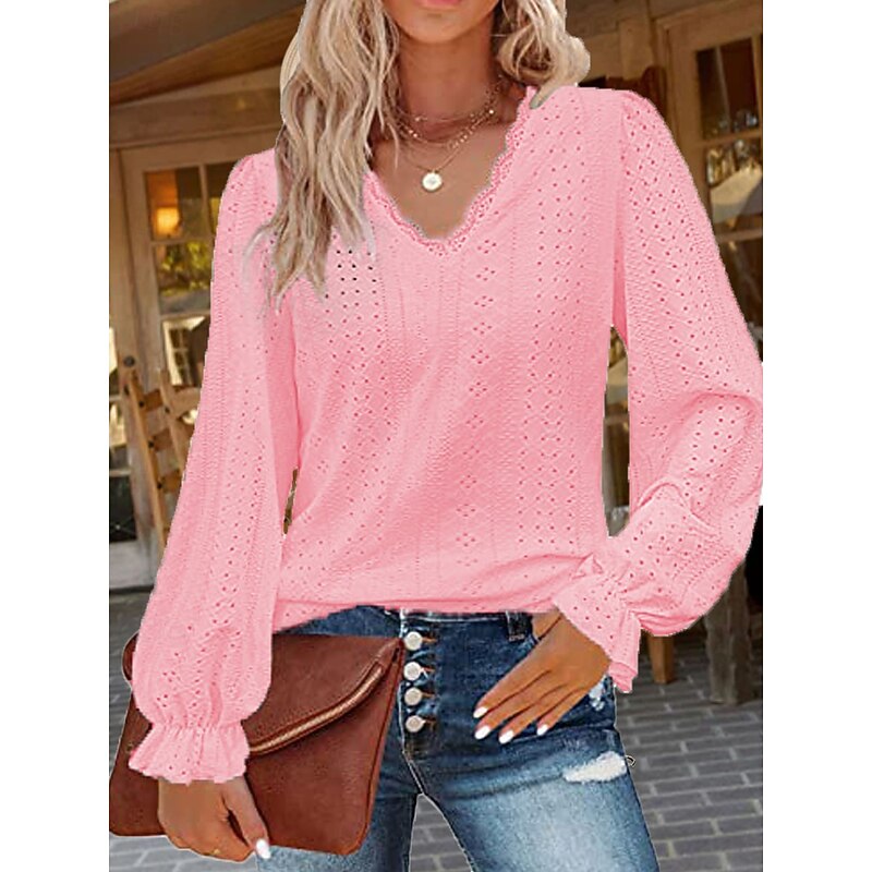 Women's White Elegant Lace Tops Eyelet Blouse Stylish Solid Color Eyelet Puff Sleeve Long Sleeve Regular Tops V Neck Daily Romantic Petite Tops Summer Holiday Wear White Pink Purple Green Spring Fall4