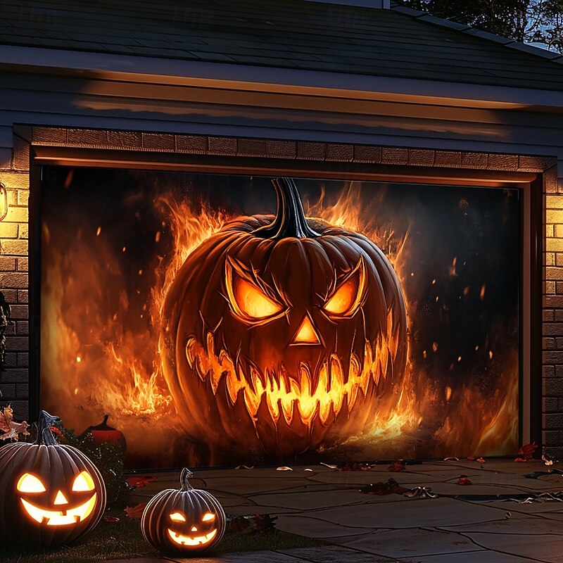 Halloween Door Decorations Outdoor Halloween Garage Door Cover Jack O Lantern Banner Pumpkin Skeleton Outside Large Backdrop Decoration for Holiday Outdoor Garage Door Home Wall Decorations4