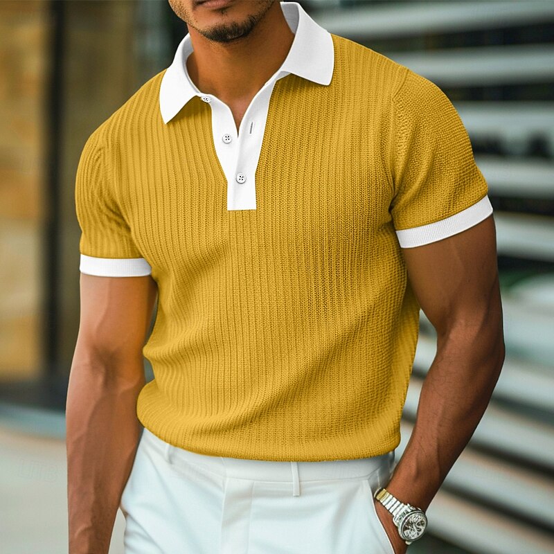 Men's Muscle Shirt Golf Shirt Work Casual Ribbed Polo Collar Classic Short Sleeve Basic Modern Color Block Ribbed Spring & Summer Slim Fit White Yellow Blue Green Gray Muscle Shirt4
