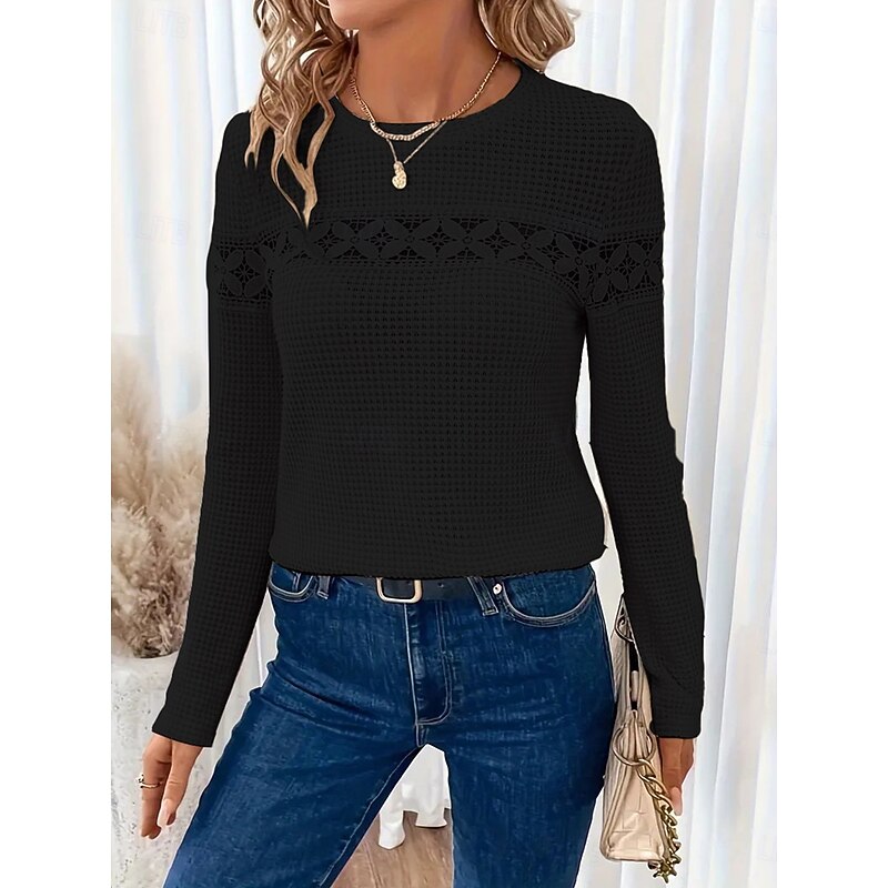 Women's White Elegant Lace Tops Eyelet Blouse Casual Long Sleeve Regular Tops Crew Neck Daily Romantic Petite Tops Summer Holiday Wear Black White Red Light Brown Spring Fall2
