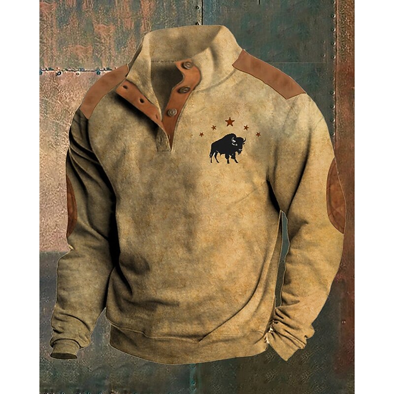 Men's Sweatshirt Blue Khaki Standing Collar Color Block Cow Stars Patchwork Sports & Outdoor Daily Holiday Polyester Streetwear Basic Casual Spring &  Fall Clothing Apparel Hoodies Sweatshirts  Long2