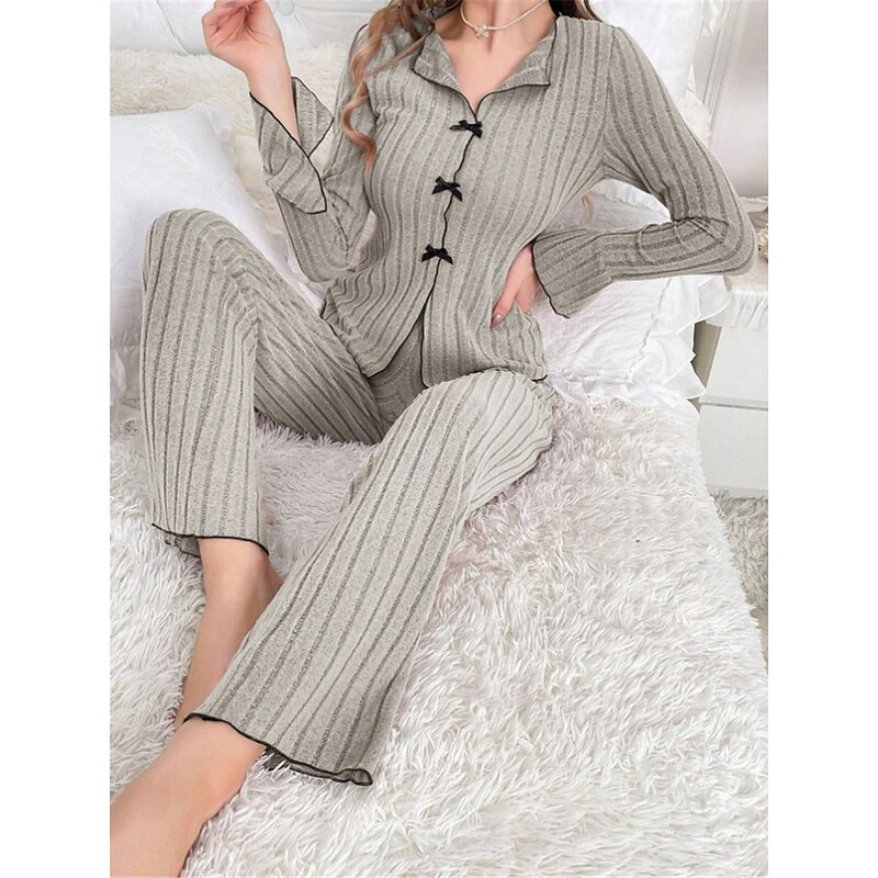 Women's Pajamas Sets Pure Color Fashion Comfort Home Daily Bed Knit Breathable V Wire Long Sleeve Sweater Pant Elastic Waist Fall Winter Home Outfits4