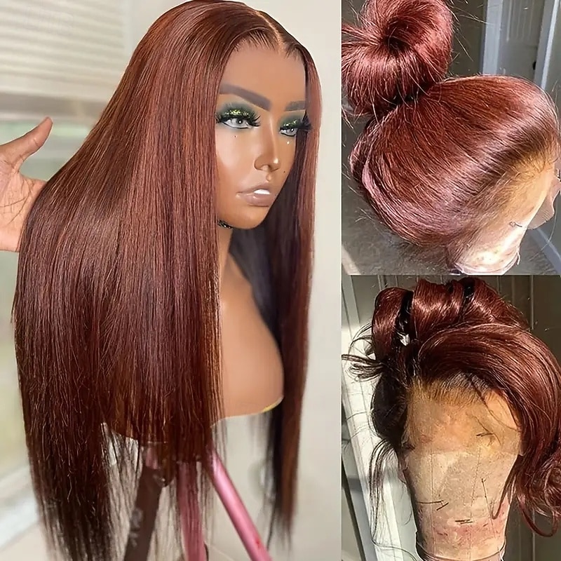 Chocolate Brown 33# 13*4 Lace Frontal Wigs Straight Human Hair Wigs 150% Density With Baby Hair4