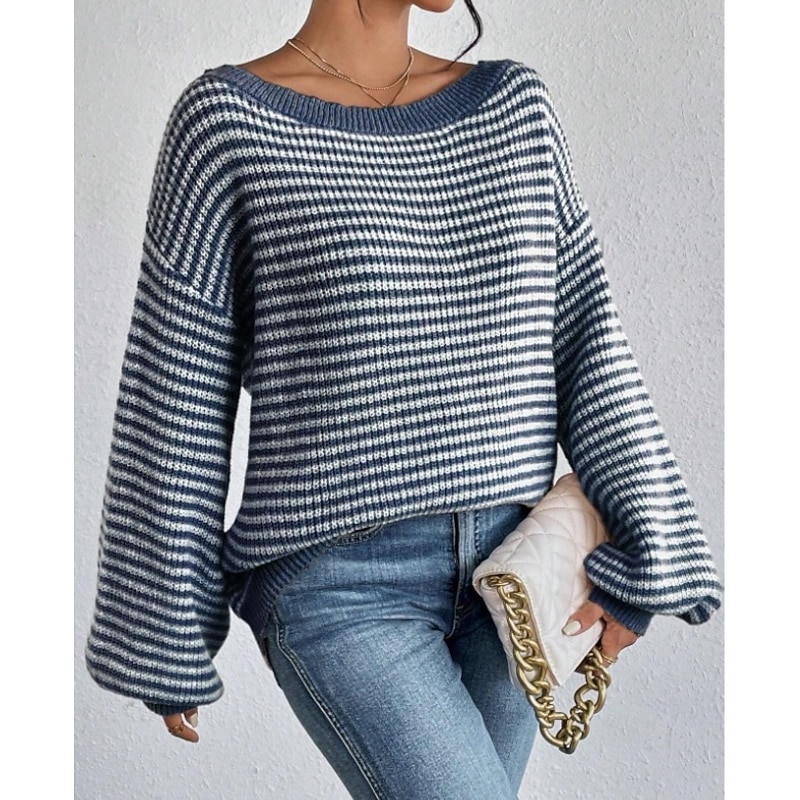 Women's Sweater Stylish Graphic Chunky One Shoulder Boat Neck Off Shoulder Stripe Long Sleeve Long Tops Knit Work Daily Navy Blue Fall Winter2