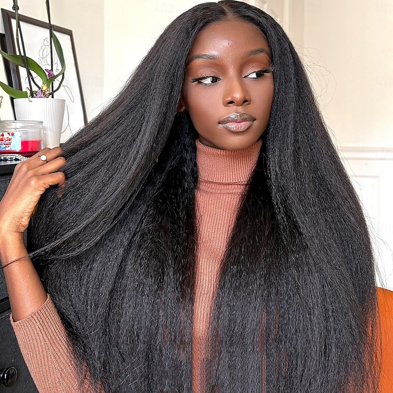 Remy Human Hair 13x4 Lace Front Wig Free Part Brazilian Hair kinky Straight Yaki Straight Black Natural Wig 130% 150% 180% Density with Baby Hair 100% Virgin Glueless Pre-Plucked For wigs for black4