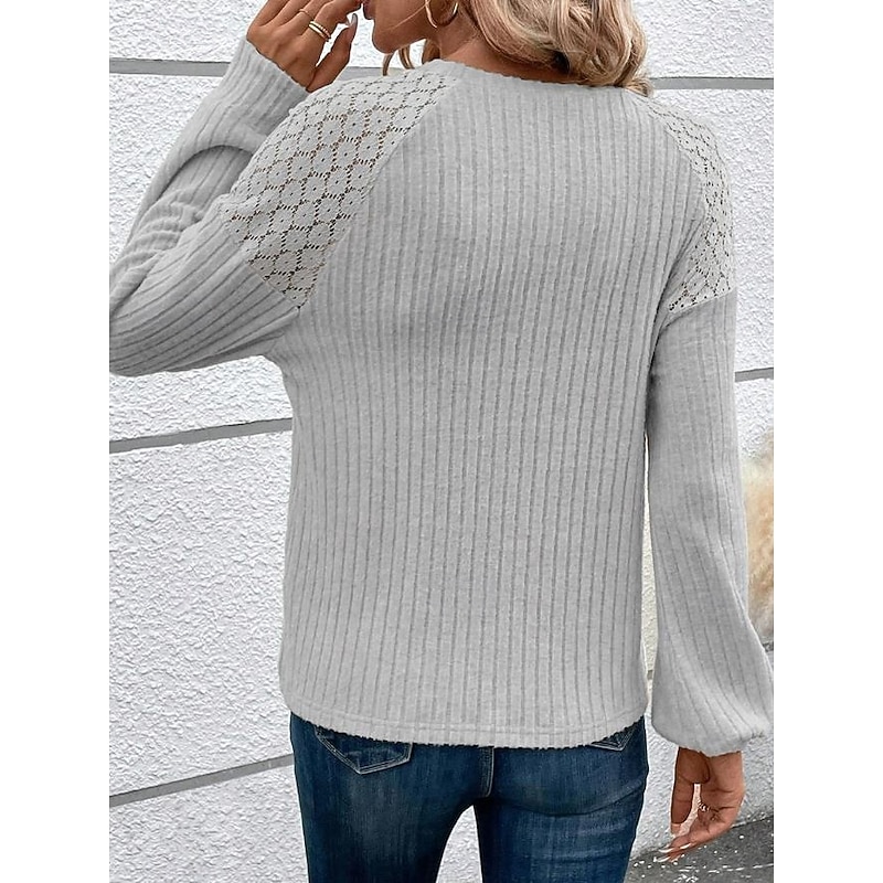 Women's Pullover Elegant Vintage Fashion Plain Work Street Dailywear Crew Neck Patchwork Buttons Loose Fit Long Sleeve White Gray Fall Winter4