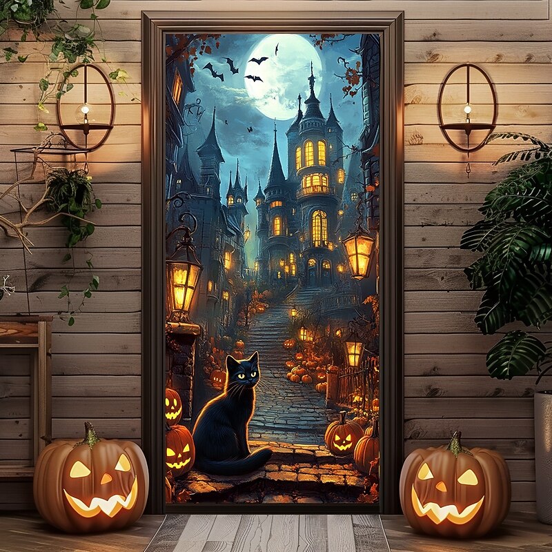 Halloween Door Decorations Halloween Door Covers Jack O Lantern Door Tapestry Pumpkin Crow Door Curtain Decoration Backdrop Door Banner for Front Door Farmhouse Holiday Party Decor Supplies 9