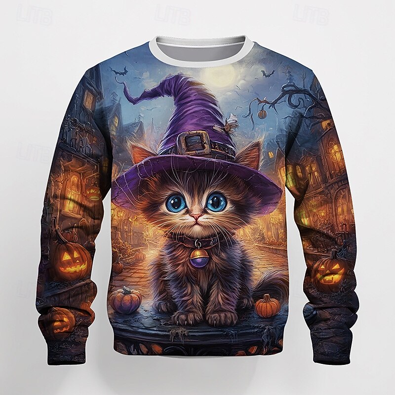 Boys 3D Graphic Cat Sweatshirt Long Sleeve Spring Fall Fashion Basic Kids 4-12 Years Crew Neck Outdoor Casual Daily Regular Fit