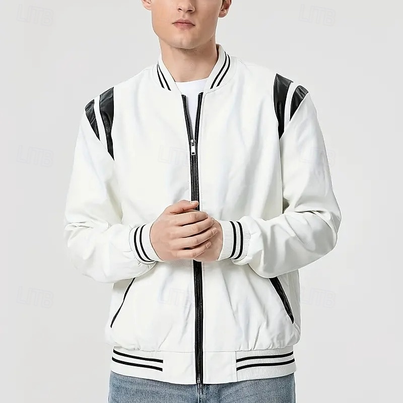 Men's Faux Leather Jacket Biker Jacket Racing Leather Jacket Motorcycle Jacket Daily Vacation Thermal Warm Patchwork Fall & Winter Color Block Fashion Classic Standing Collar Regular Faux Leather3