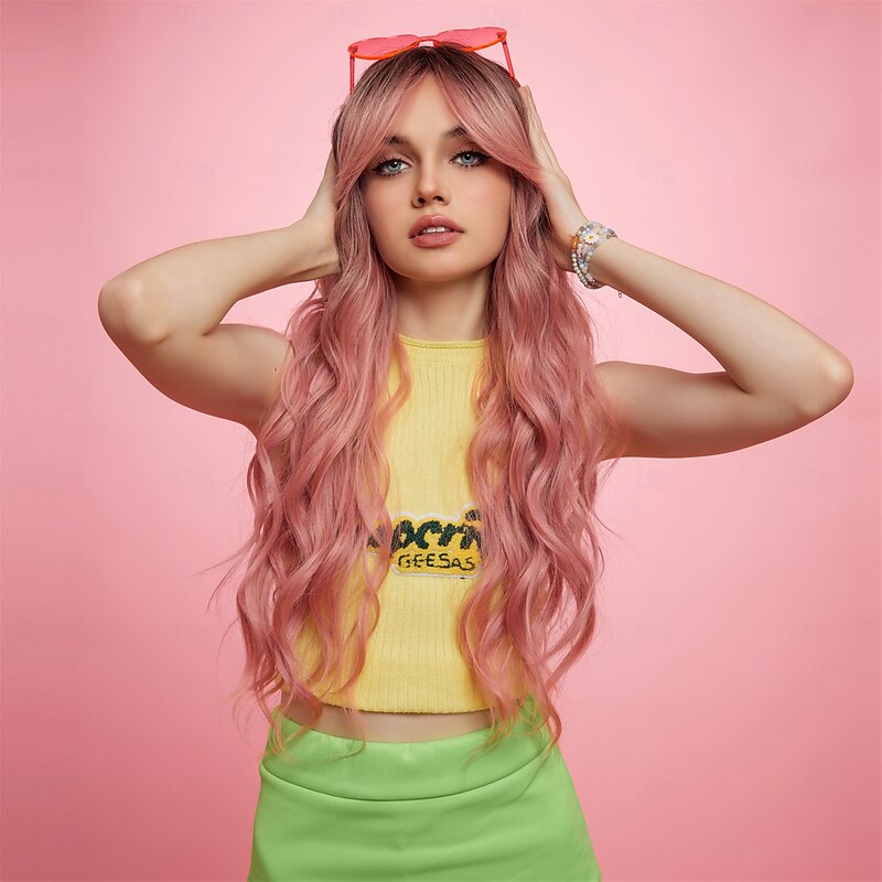Synthetic Wig Uniforms Career Costumes Princess Wavy Loose Curl Middle Part Layered Haircut Machine Made Wig 26 inch Black / Pink Synthetic Hair Women's Cosplay Party Fashion Pink3