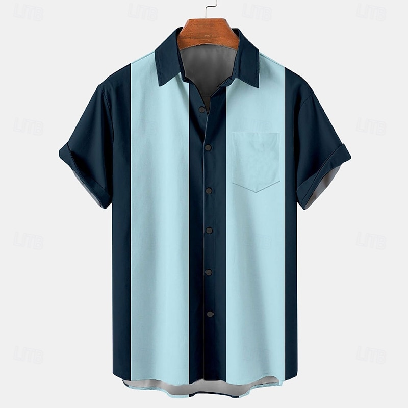 Men's Striped Geometric Pattern Bowling Shirt Button Up Shirt Short Sleeve Hawaiian Casual Vacation Daily Summer Turndown Button Up 3D Print Black Blue