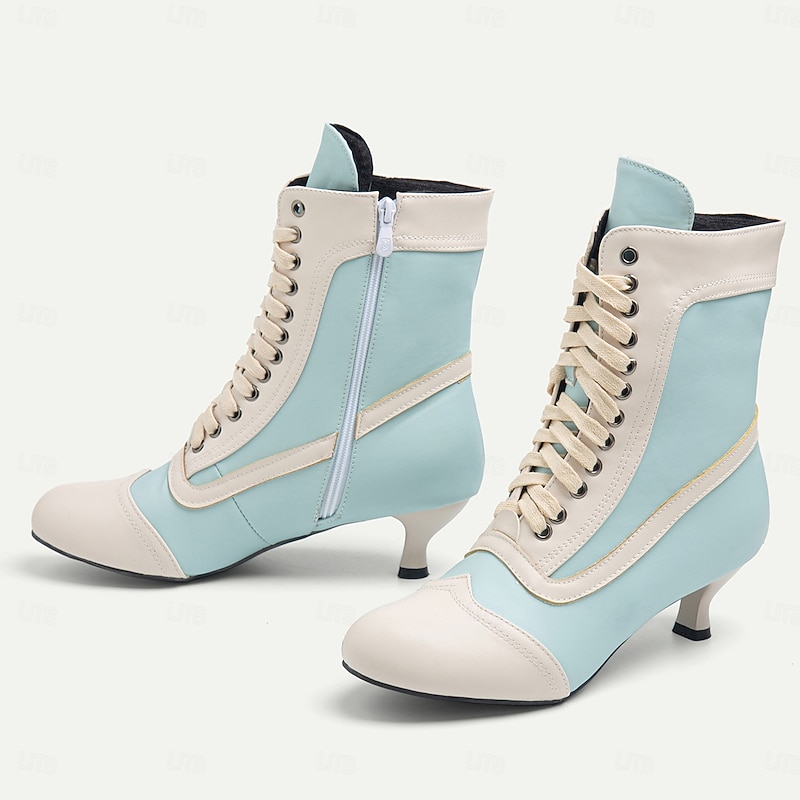 Women's Victorian White and Pink Lace-Up Mid-Heel Boots - Perfect for Vintage Themed Events and Cosplay3