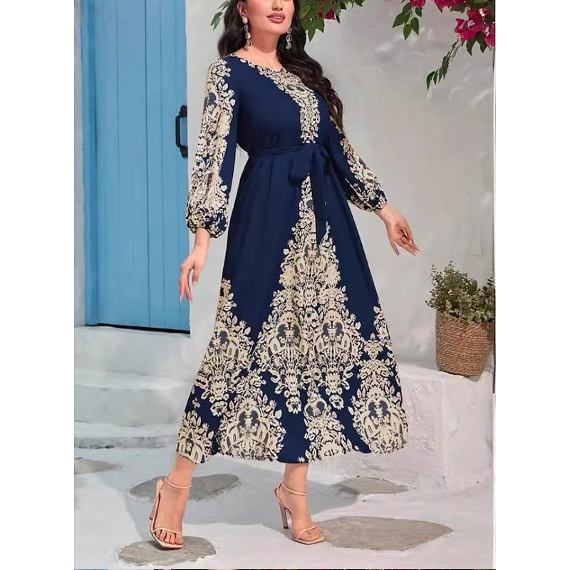 Women's Maxi Dress Vintage Dress Casual Dress Boho Dress Bohemia Vintage Vacation Daily Date Loose Fit Graphic Long Sleeve Crew Neck Blue Spring Fall4
