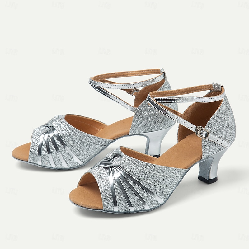 Women's Silver Glitter Dance Shoes with Crisscross Straps and Open-Toe Design - Ideal for Ballroom and Latin Dance