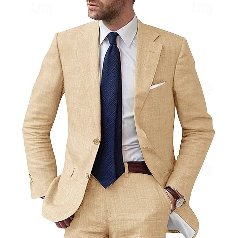 Men's Wedding Beach Linen Suits Notch Light Blue Champagne Solid Colored Tailored Fit 2 Piece Single Breasted Two-buttons3