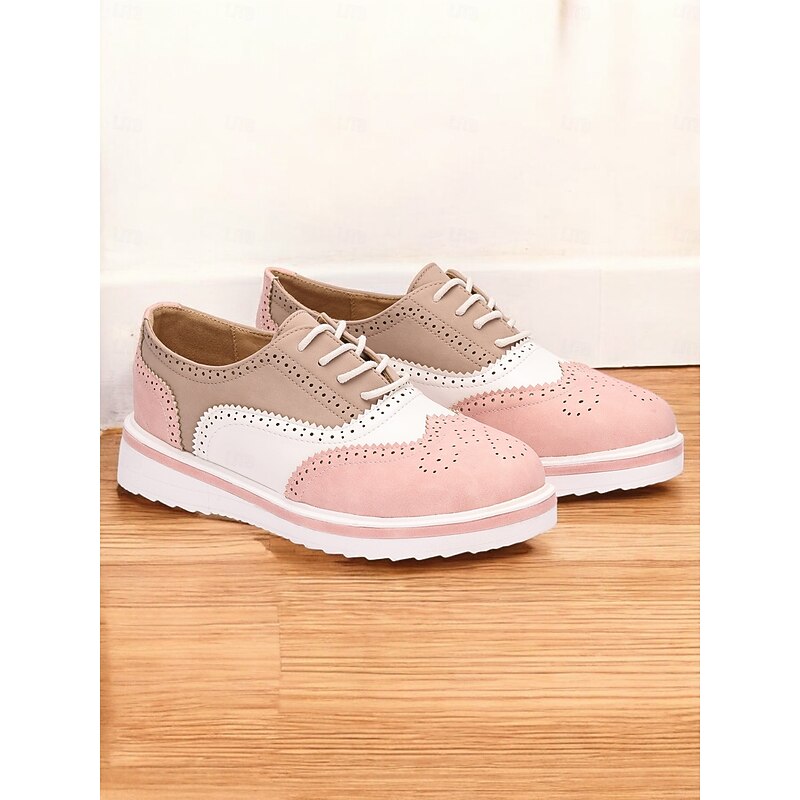 Women's Pink and Beige Brogue Oxford Sneakers, Lace-Up Casual Shoes with Wingtip Detailing for Everyday Wear2