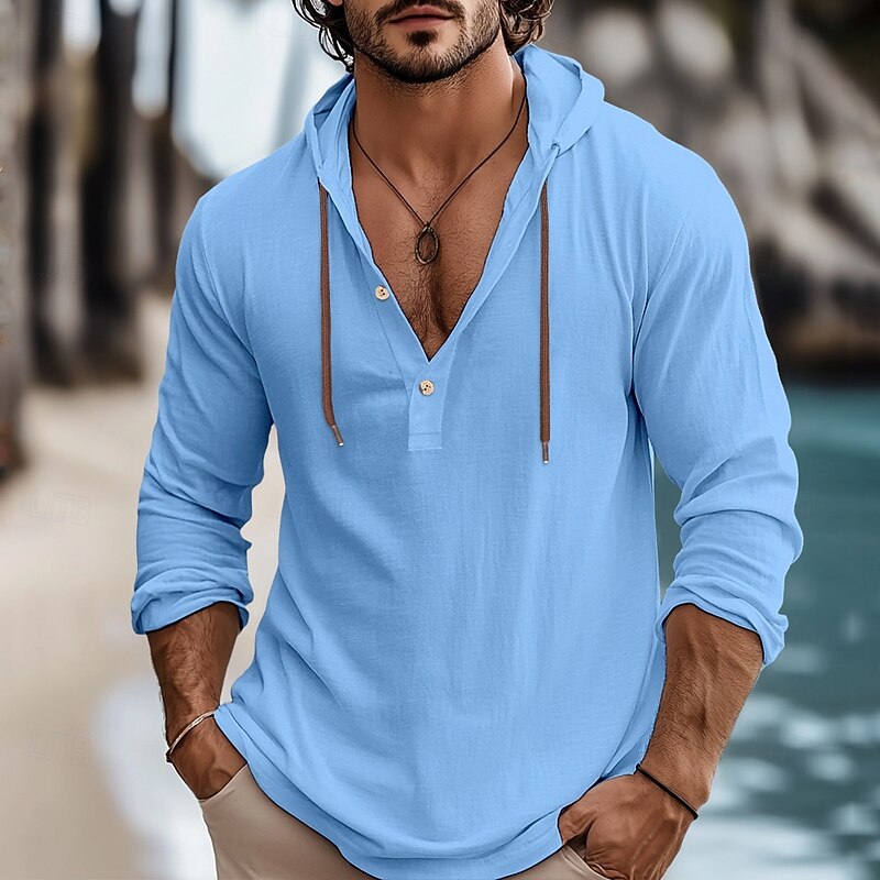 Men's Shirt Linen Shirt Summer Shirt Beach Wear Plain Vacation Curise White Blue Brown Green Long Sleeve Hooded Spring & Summer Clothing Apparel 5