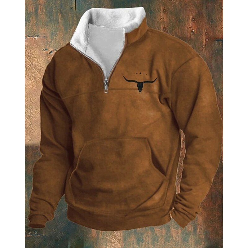 Men's Sweatshirt Quarter Zip Sweatshirt Black Brown Half Zip Color Block Cow Patchwork Pocket Sports & Outdoor Daily Holiday Polyester Vintage Casual Thin fleece Fall & Winter Clothing Apparel Hoodies2