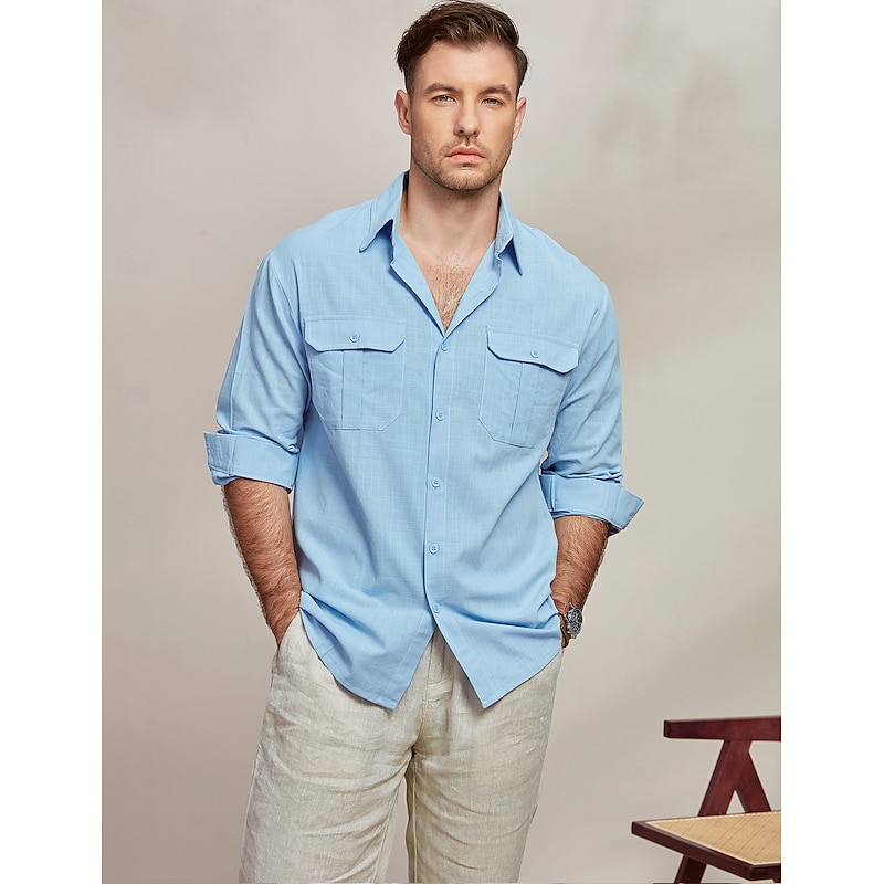 Men's Shirt Cotton Linen Shirt Summer Shirt Beach Wear Casual Shirt Button Up Shirt Plain Vacation Casual Black White Blue Long Sleeve Lapel Spring & Summer Clothing Apparel Pocket2