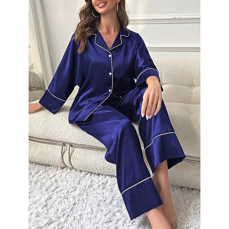 Women's Pajamas Sets Pure Color Fashion Comfort Home Daily Bed Faux Silk Silk Breathable Lapel Long Sleeve Shirt Pant Button Pocket Fall Home Outfits3