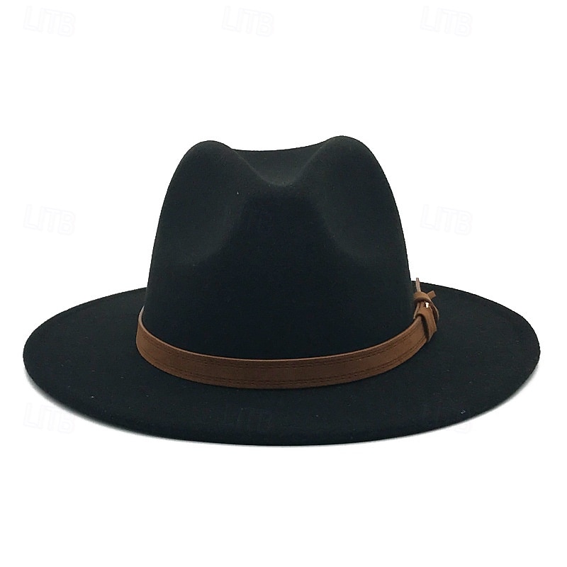 Flat Brim Wool Leather Ribbon Solid Fedoras Women Men Jazz Hat Spring Autumn Church Viking British Felt Hat Outdoor Casual Hat