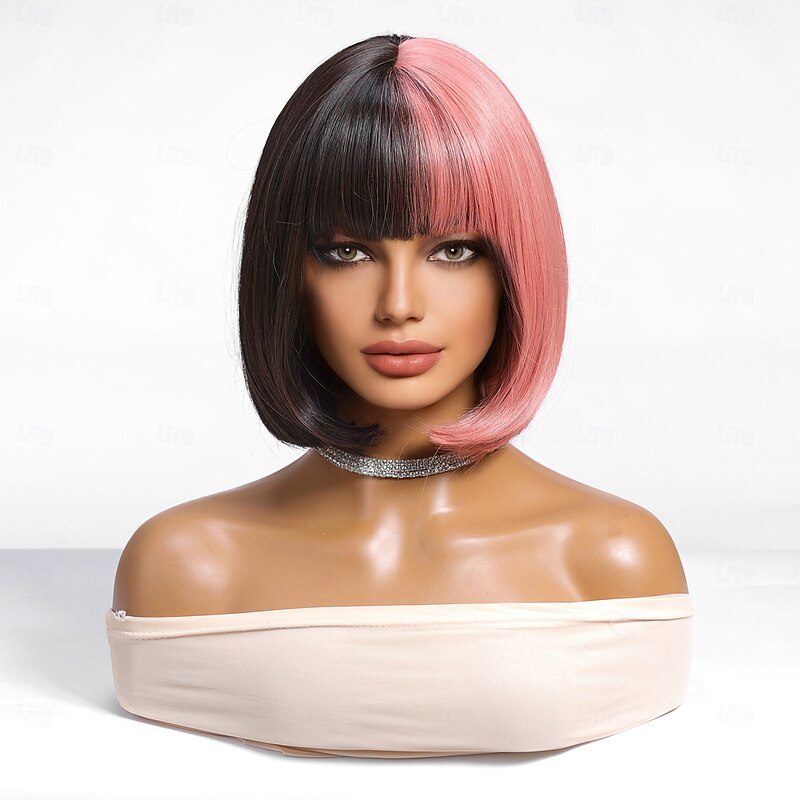 Synthetic Wig Uniforms Career Costumes Princess Straight kinky Straight Middle Part Layered Haircut Machine Made Wig 12 inch Black / Pink Synthetic Hair Women's Cosplay Party Fashion Black2