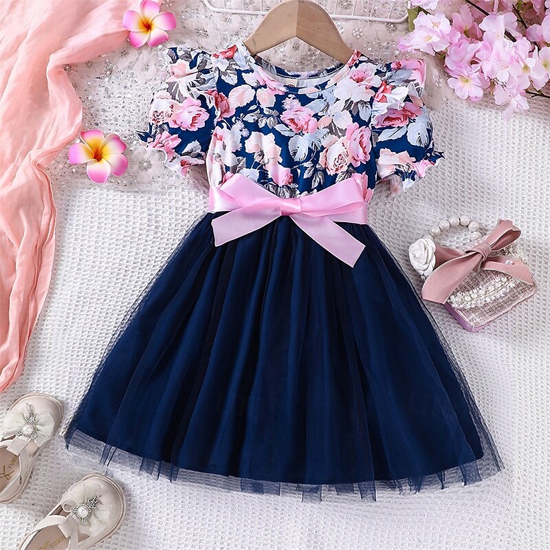 Easter Girls' 3D Floral Dress Short Sleeve Summer Vacation Daily Holiday Princess Beautiful Sweet Little Kids(4-7ys) 4-7 Years Casual Dress A Line Dress Tulle Dress Knee-length Regular Fit