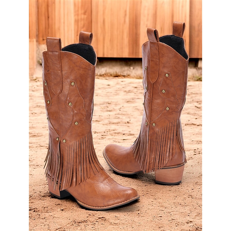 Women's Brown Faux Leather Western Cowboy Boots with Fringe Detailing for Casual Wear