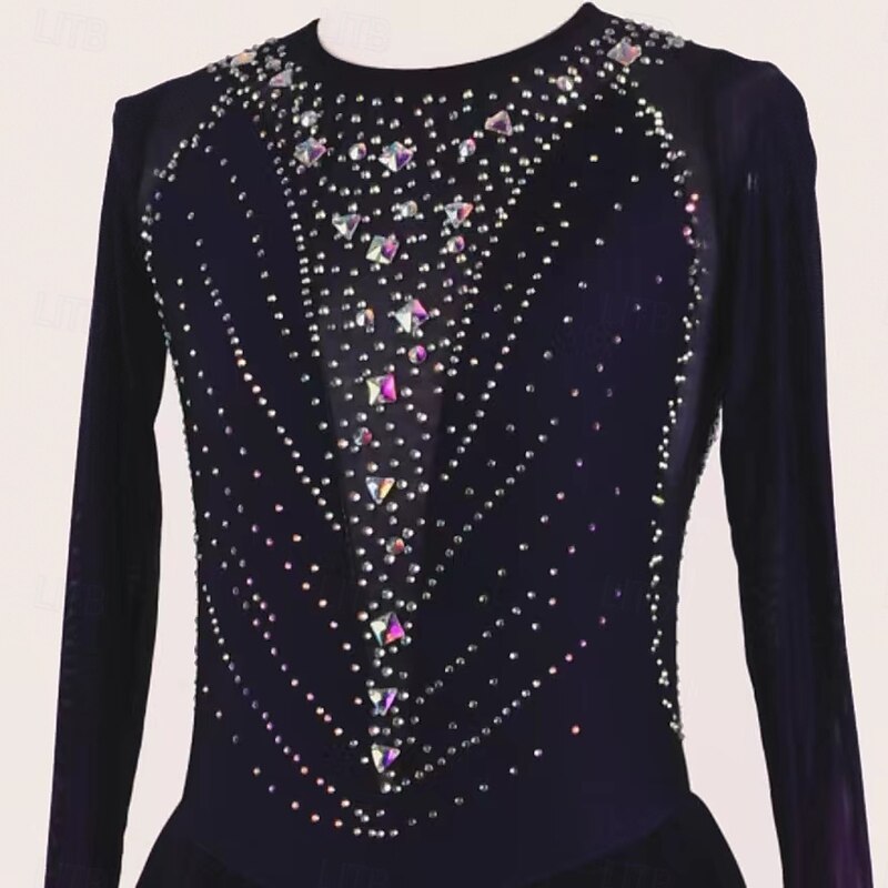 Figure Skating Dress Women's Girls' Ice Skating Dress Black Red Thumbhole Open Back Mesh Spandex Stretchy Training Practice Professional Skating Wear Thermal Warm Classic Crystal / Rhinestone Long4