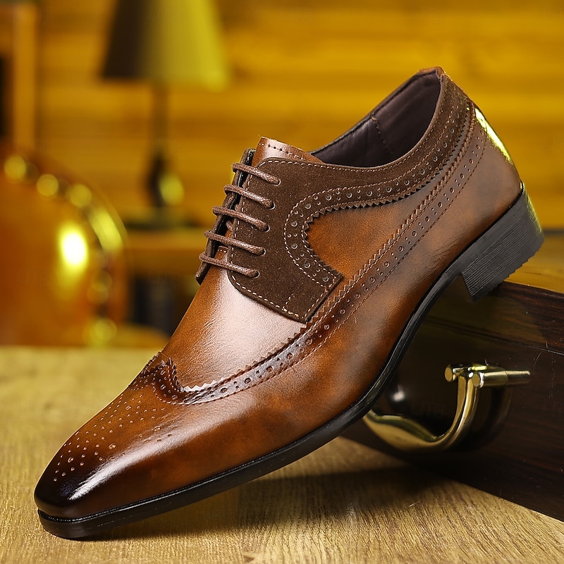 Men's Brown Faux Leather Brogue Oxford Shoes with Wingtip Design - Classic Lace-Up Dress Shoes for Formal and Business Wear