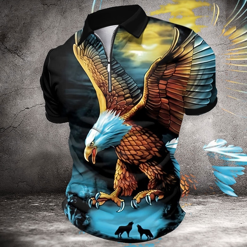 Men's Eagle Zip Polo Shirts Golf Shirt Short Sleeve Polo Shirts Collared Shirts Casual Funny Streetwear Vacation Wear Party Outfits 3D Print Quarter Zip Polo Summer Spring Blue