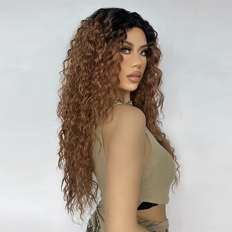 Synthetic Lace Wig Curly Style 26 inch Brown with Golden Highlights Middle Part 13x5x1 Lace Front Wig Women's Wig Black Brown4